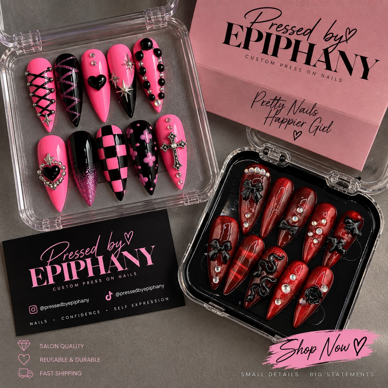 Pressed by Epiphany pink and red statement nail sets in their packaging