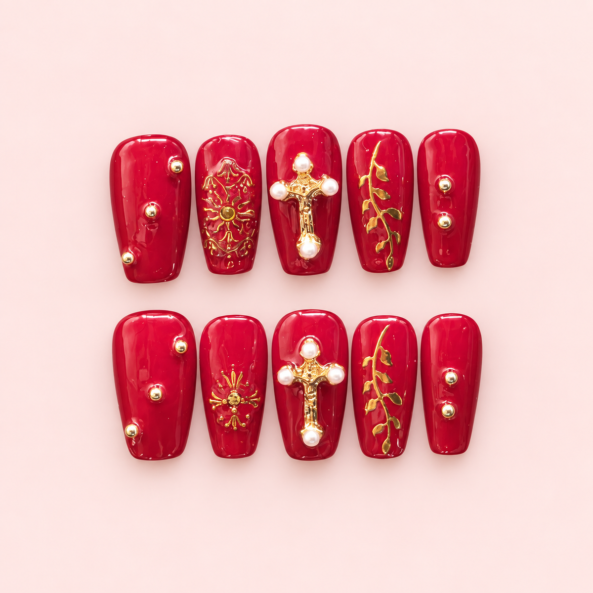 Crimson Gold Press-On Nails