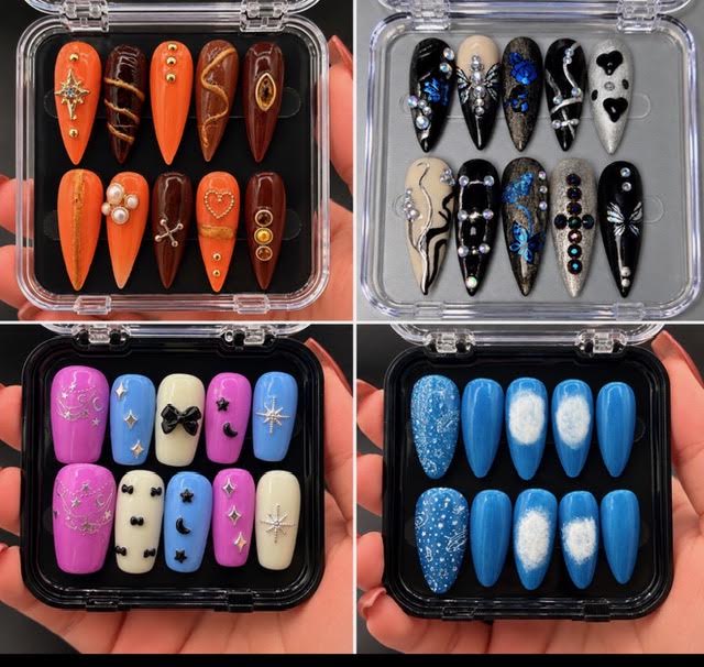 Amber and orange press-on nail set with gold details